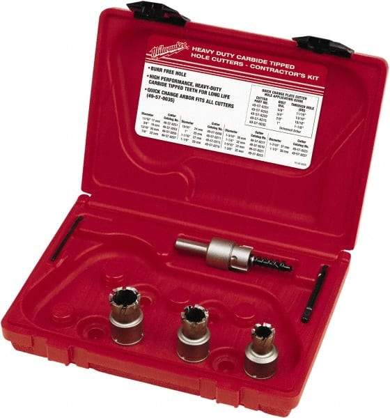 Milwaukee Tool - 5 Piece, 11/16" to 15/16" Saw Diam, Contractor's Hole Saw Kit - Carbide-Tipped, Gulleted Edge, Pilot Drill Model No. 49-57-0035, 49-57-0038, Includes 3 Hole Saws - Apex Tool & Supply