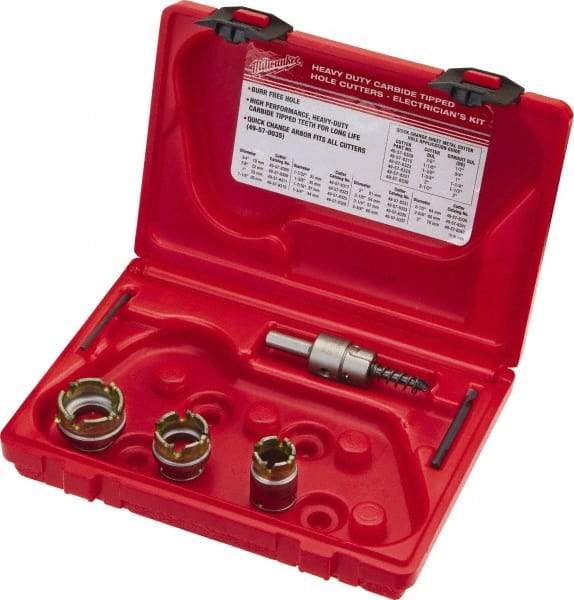 Milwaukee Tool - 5 Piece, 7/8" to 1-3/8" Saw Diam, Electrician's Hole Saw Kit - Carbide-Tipped, Gulleted Edge, Pilot Drill Model No. 49-57-0035, 49-57-0038, Includes 3 Hole Saws - Apex Tool & Supply