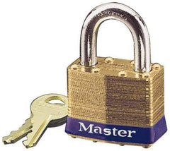 Master Lock - 15/16" Shackle Clearance, Keyed Different Laminated Brass Padlock - 5/16" Shackle Diam, Brass - Apex Tool & Supply