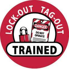 NMC - Lock-Out Tag-Out Trained, Hard Hat Label - Black & White on Red, 2" Thick, For Accident Prevention - Apex Tool & Supply