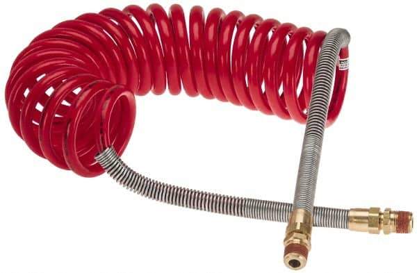 Parker - 3/8" ID, 1/2 x 1/2 Thread, 15' Long, Red SAE J844 Type B Nylon Coiled & Self Storing Hose - 150 Max psi, Parker NTA Brass Fittings - Apex Tool & Supply