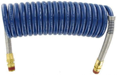 Parker - 3/8" ID, 1/2 x 1/2 Thread, 15' Long, Blue SAE J844 Type B Nylon Coiled & Self Storing Hose - 150 Max psi, Parker NTA Brass Fittings - Apex Tool & Supply