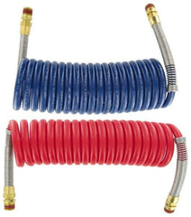 Parker - 3/8" ID, 1/2 x 1/2 Thread, 15' Long, (1) Red & (1) Blue SAE J844 Type B Nylon Coiled & Self Storing Hose - 150 Max psi, Parker NTA Brass Fittings - Apex Tool & Supply