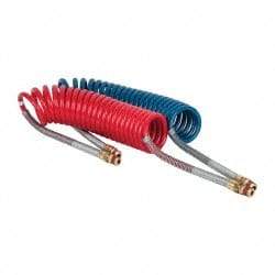 Parker - 3/8" ID, 1/2 x 1/2 Thread, 15' Long, (1) Red & (1) Blue SAE J844 Type B Nylon Coiled & Self Storing Hose - 150 Max psi, Parker NTA Brass Fittings - Apex Tool & Supply