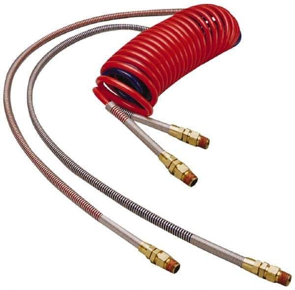 Parker - 3/8" ID, 1/2 x 1/2 Thread, 15' Long, (1) Red & (1) Blue SAE J844 Type B Nylon Coiled & Self Storing Hose - 150 Max psi, Parker NTA Brass Fittings - Apex Tool & Supply