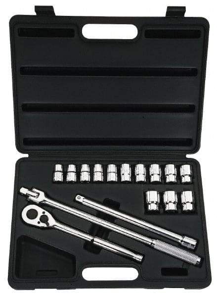Stanley - 16 Piece 1/2" Drive Chrome Finish Socket Set - 6 Points, 12mm to 24mm Range, Metric Measurement Standard - Apex Tool & Supply