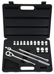 Stanley - 16 Piece 1/2" Drive Chrome Finish Socket Set - 6 Points, 12mm to 24mm Range, Metric Measurement Standard - Apex Tool & Supply