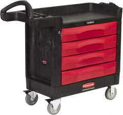 Rubbermaid - 500 Lb Capacity, 2 Shelf, 4 Drawer Mobile Workstation - 18-3/8" Wide x 40-5/8" Deep x 33-3/8" High, High-Density Structural Foam, Black/Red - Apex Tool & Supply