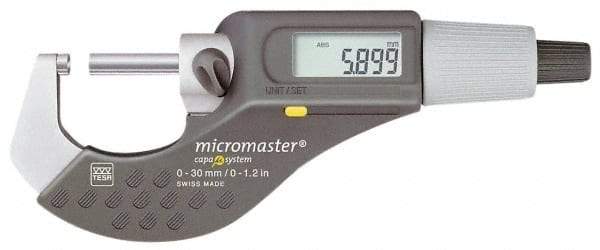 TESA Brown & Sharpe - 1 to 2 Inch Range, 0.0001 Inch Resolution, Standard Throat, IP54 Electronic Outside Micrometer - 0.0002 Inch Accuracy, Carbide Face, Data Output, Includes Plastic Case - Apex Tool & Supply