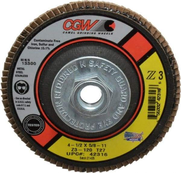 Camel Grinding Wheels - 120 Grit, 4-1/2" Disc Diam, 5/8-11 Center Hole, Type 27 Zirconia Alumina Flap Disc - 13,300 Max RPM, Poly Cotton Backing, Arbor Attaching System, Coated - Apex Tool & Supply
