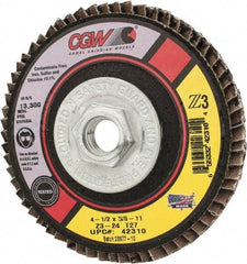 Camel Grinding Wheels - 24 Grit, 4-1/2" Disc Diam, 5/8-11 Center Hole, Type 27 Zirconia Alumina Flap Disc - 13,300 Max RPM, Poly Cotton Backing, Arbor Attaching System, Coated - Apex Tool & Supply