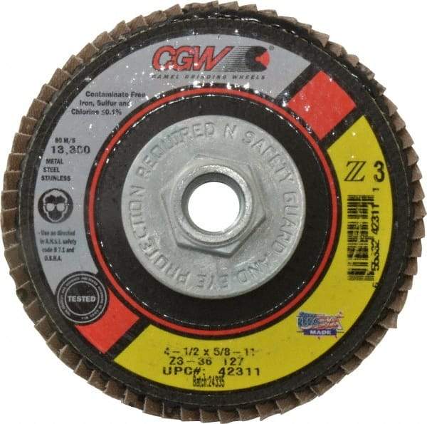 Camel Grinding Wheels - 36 Grit, 4-1/2" Disc Diam, 5/8-11 Center Hole, Type 27 Zirconia Alumina Flap Disc - 13,300 Max RPM, Poly Cotton Backing, Arbor Attaching System, Coated - Apex Tool & Supply