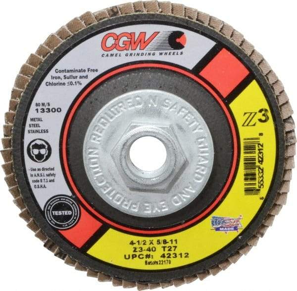 Camel Grinding Wheels - 40 Grit, 4-1/2" Disc Diam, 5/8-11 Center Hole, Type 27 Zirconia Alumina Flap Disc - 13,300 Max RPM, Poly Cotton Backing, Arbor Attaching System, Coated - Apex Tool & Supply