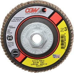 Camel Grinding Wheels - 40 Grit, 4-1/2" Disc Diam, 5/8-11 Center Hole, Type 27 Zirconia Alumina Flap Disc - 13,300 Max RPM, Poly Cotton Backing, Arbor Attaching System, Coated - Apex Tool & Supply