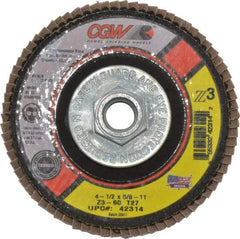 Camel Grinding Wheels - 60 Grit, 4-1/2" Disc Diam, 5/8-11 Center Hole, Type 27 Zirconia Alumina Flap Disc - 13,300 Max RPM, Poly Cotton Backing, Arbor Attaching System, Coated - Apex Tool & Supply