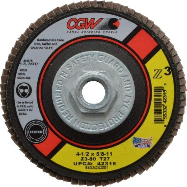 Camel Grinding Wheels - 80 Grit, 4-1/2" Disc Diam, 5/8-11 Center Hole, Type 27 Zirconia Alumina Flap Disc - 13,300 Max RPM, Poly Cotton Backing, Arbor Attaching System, Coated - Apex Tool & Supply