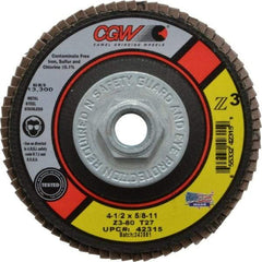 Camel Grinding Wheels - 80 Grit, 4-1/2" Disc Diam, 5/8-11 Center Hole, Type 27 Zirconia Alumina Flap Disc - 13,300 Max RPM, Poly Cotton Backing, Arbor Attaching System, Coated - Apex Tool & Supply