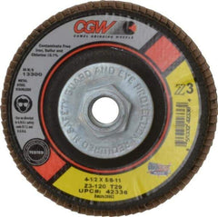 Camel Grinding Wheels - 120 Grit, 4-1/2" Disc Diam, 5/8-11 Center Hole, Type 29 Zirconia Alumina Flap Disc - 13,300 Max RPM, Poly Cotton Backing, Arbor Attaching System, Coated - Apex Tool & Supply