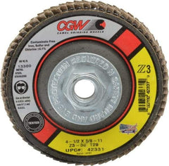 Camel Grinding Wheels - 36 Grit, 4-1/2" Disc Diam, 5/8-11 Center Hole, Type 29 Zirconia Alumina Flap Disc - 13,300 Max RPM, Poly Cotton Backing, Arbor Attaching System, Coated - Apex Tool & Supply