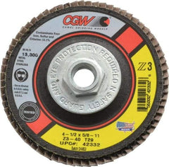 Camel Grinding Wheels - 40 Grit, 4-1/2" Disc Diam, 5/8-11 Center Hole, Type 29 Zirconia Alumina Flap Disc - 13,300 Max RPM, Poly Cotton Backing, Arbor Attaching System, Coated - Apex Tool & Supply