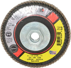 Camel Grinding Wheels - 60 Grit, 4-1/2" Disc Diam, 5/8-11 Center Hole, Type 29 Zirconia Alumina Flap Disc - 13,300 Max RPM, Poly Cotton Backing, Arbor Attaching System, Coated - Apex Tool & Supply