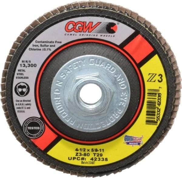 Camel Grinding Wheels - 80 Grit, 4-1/2" Disc Diam, 5/8-11 Center Hole, Type 29 Zirconia Alumina Flap Disc - 13,300 Max RPM, Poly Cotton Backing, Arbor Attaching System, Coated - Apex Tool & Supply