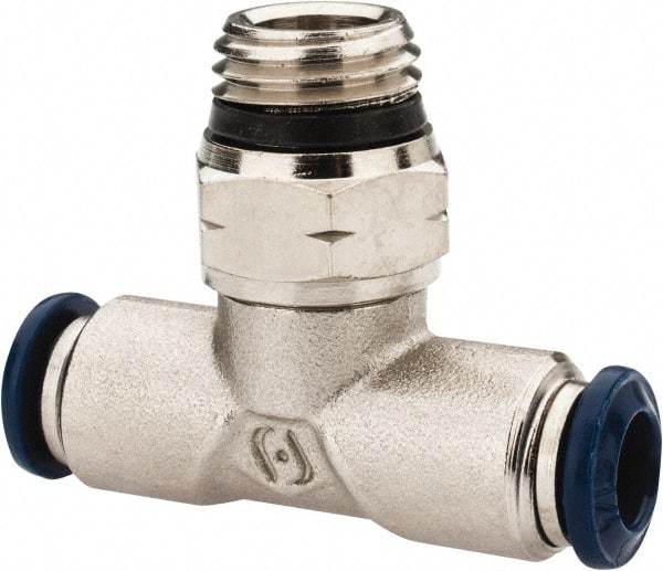 Alpha Technologies - 1/4" Outside Diam, 1/4 Universal Thread, Nickel Plated Brass Push-to-Connect Male Swivel Branch Tee - 250 Max psi, Tube to Universal Thread Connection, Buna O-Ring - Apex Tool & Supply