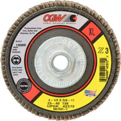 Camel Grinding Wheels - 40 Grit, 4-1/2" Disc Diam, 5/8-11 Center Hole, Type 29 Zirconia Alumina Flap Disc - 13,300 Max RPM, Poly Cotton Backing, Arbor Attaching System, Coated - Apex Tool & Supply