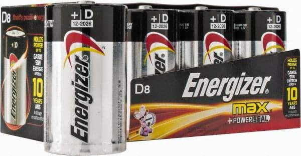 Energizer - Size D, Alkaline, 8 Pack, Standard Battery - 1.5 Volts, Flat Terminal, LR20, ANSI, IEC Regulated - Apex Tool & Supply
