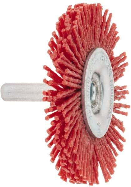 Value Collection - 2-3/8" OD, 1/4" Shank Diam, Crimped Nylon Wheel Brush - 1/4" Face Width, 5/16" Trim Length, 4,500 RPM - Apex Tool & Supply