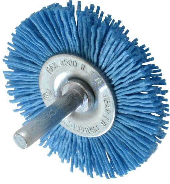 Value Collection - 2-3/8" OD, 1/4" Shank Diam, Crimped Nylon Wheel Brush - 1/4" Face Width, 5/16" Trim Length, 4,500 RPM - Apex Tool & Supply