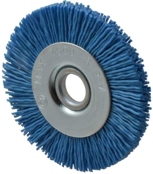 Value Collection - 3" OD, 1/2" Shank Diam, 1/2" Arbor Hole, Crimped Nylon Wheel Brush - 3/8" Face Width, 5/16" Trim Length, 4,500 RPM - Apex Tool & Supply