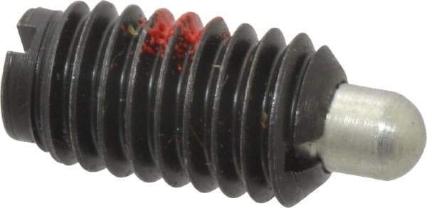 Jergens - 3/8-16, 11/16" Thread Length, 3/16" Plunger Projection, Steel Threaded Spring Plunger - 0.186" Max Plunger Diam, 11/16" Plunger Length, 1.5 Lb Init End Force, 7.5 Lb Final End Force - Apex Tool & Supply