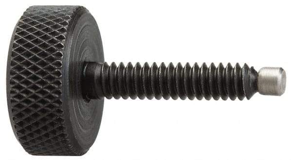 Jergens - 3/8-16 Knurled Shoulderless Swivel Pad Tip Grade 1215 Steel Thumb Screw - 2-7/16" OAL, 1-1/4" Head Diam x 7/16" Head Height, Black Oxide Finish - Apex Tool & Supply