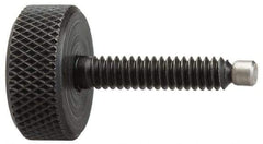 Jergens - 3/8-16 Knurled Shoulderless Swivel Pad Tip Grade 1215 Steel Thumb Screw - 2-7/16" OAL, 1-1/4" Head Diam x 7/16" Head Height, Black Oxide Finish - Apex Tool & Supply