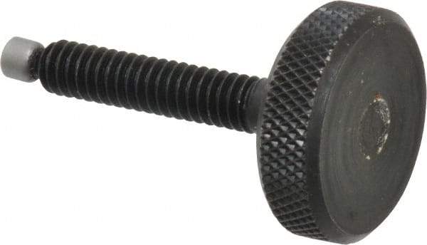Jergens - 1/4-20 Knurled Shoulderless Swivel Pad Tip Grade 1215 Steel Thumb Screw - 1-13/16" OAL, 1" Head Diam x 5/16" Head Height, Black Oxide Finish - Apex Tool & Supply