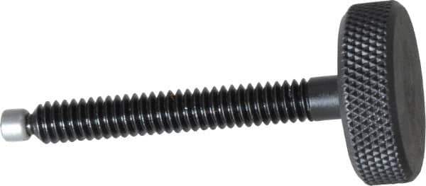 Jergens - 1/4-20 Knurled Shoulderless Swivel Pad Tip Grade 1215 Steel Thumb Screw - 2-5/16" OAL, 1" Head Diam x 5/16" Head Height, Black Oxide Finish - Apex Tool & Supply