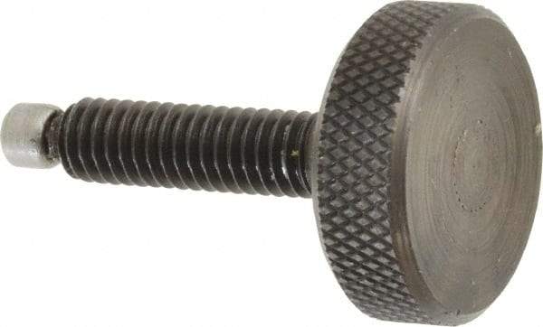 Jergens - 5/16-18 Knurled Shoulderless Swivel Pad Tip Grade 1215 Steel Thumb Screw - 1-7/8" OAL, 1-1/8" Head Diam x 3/8" Head Height, Black Oxide Finish - Apex Tool & Supply