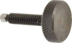 Jergens - 5/16-18 Knurled Shoulderless Swivel Pad Tip Grade 1215 Steel Thumb Screw - 1-7/8" OAL, 1-1/8" Head Diam x 3/8" Head Height, Black Oxide Finish - Apex Tool & Supply
