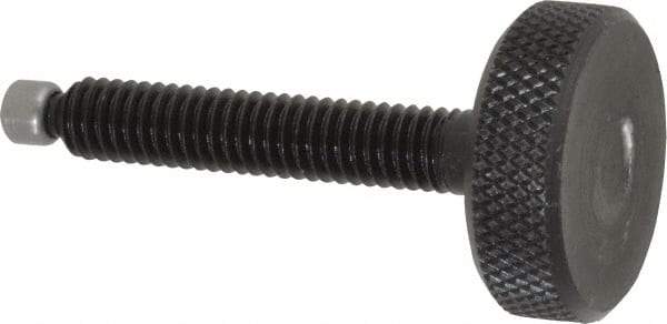 Jergens - 5/16-18 Knurled Shoulderless Swivel Pad Tip Grade 1215 Steel Thumb Screw - 2-3/8" OAL, 1-1/8" Head Diam x 3/8" Head Height, Black Oxide Finish - Apex Tool & Supply