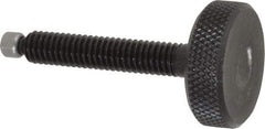 Jergens - 5/16-18 Knurled Shoulderless Swivel Pad Tip Grade 1215 Steel Thumb Screw - 2-3/8" OAL, 1-1/8" Head Diam x 3/8" Head Height, Black Oxide Finish - Apex Tool & Supply