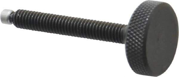 Jergens - 5/16-18 Knurled Shoulderless Swivel Pad Tip Grade 1215 Steel Thumb Screw - 2-7/8" OAL, 1-1/8" Head Diam x 3/8" Head Height, Black Oxide Finish - Apex Tool & Supply