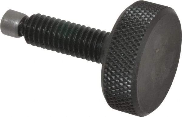 Jergens - 3/8-16 Knurled Shoulderless Swivel Pad Tip Grade 1215 Steel Thumb Screw - 1-15/16" OAL, 1-1/4" Head Diam x 7/16" Head Height, Black Oxide Finish - Apex Tool & Supply