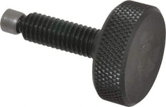 Jergens - 3/8-16 Knurled Shoulderless Swivel Pad Tip Grade 1215 Steel Thumb Screw - 1-15/16" OAL, 1-1/4" Head Diam x 7/16" Head Height, Black Oxide Finish - Apex Tool & Supply