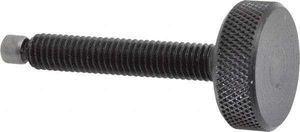 Jergens - 3/8-16 Knurled Shoulderless Swivel Pad Tip Grade 1215 Steel Thumb Screw - 2-15/16" OAL, 1-1/4" Head Diam x 7/16" Head Height, Black Oxide Finish - Apex Tool & Supply