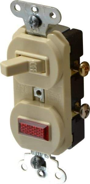 Pass & Seymour - 1 Pole, 120/125 VAC, 15 Amp, Flush Mounted, Ungrounded, Tamper Resistant Combination Switch with Pilot Light - NonNEMA Configuration, 1 Switch, Side Wiring, UL Listed 20 498 Standard - Apex Tool & Supply