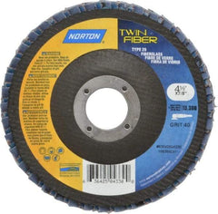 Norton - 40 Grit, 4-1/2" Disc Diam, 7/8" Center Hole, Type 29 Ceramic Flap Disc - 13,000 Max RPM, Fiberglass Backing, Arbor Attaching System, Coated - Apex Tool & Supply