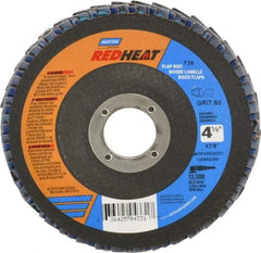 Norton - 60 Grit, 4-1/2" Disc Diam, 7/8" Center Hole, Type 29 Ceramic Flap Disc - 13,000 Max RPM, Fiberglass Backing, Arbor Attaching System, Coated - Apex Tool & Supply