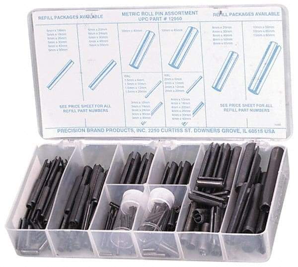 Precision Brand - 287 Piece, 1.5 to 10mm Pin Diam, Spring Pin Assortment - 1.5 to 80mm Long, Steel - Apex Tool & Supply
