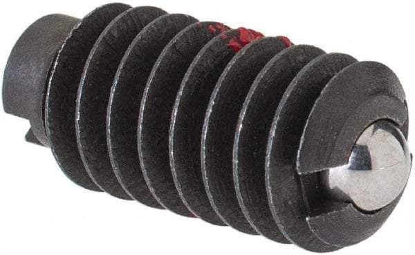 Jergens - 1/4-20, 0.125" Ball Diam, 17/32" Body Length, 0.035" Max Ball Reach, Threaded Ball Plunger - Steel Body, Stainless Steel Ball, 2 Lb Initial End Force, 4 Lb Final End Force, Locking Element - Apex Tool & Supply